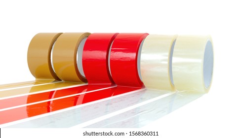 Brown, Red And Transparent (clear) Adhesive Tape Isolated On White Background With Shadow Reflection - Clipping Paths. Reels Of Sticky Tapes.  Parcel Packing Equipment Wallpaper.