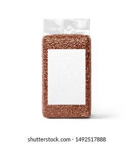 Brown Rice in transparent plastic vacuum sealed bag with blank label isolated on white background. Packaging template mockup collection. Stand-up Front view package