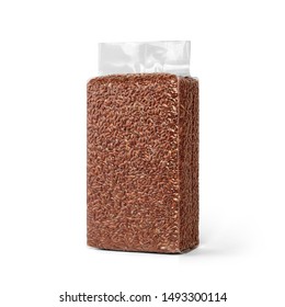 Brown Rice in transparent plastic vacuum sealed bag isolated on white background. Packaging template mockup collection. Stand-up Half Side view package