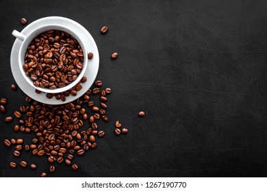 Brown Roasted Coffee Beans Scattered On Black Background Top View Mockup