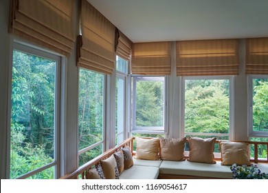 Brown Roman Blind Shade Curtain Tree Forest Mountain Background Living Room