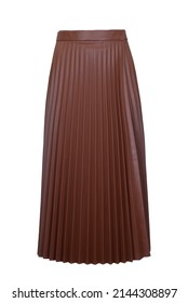 Brown romantic avant-garde eccentric special faux leather vegan leather fashion design pleated one size midi skirt to be on limelight isolated on the white background 