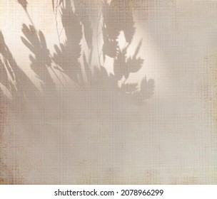 Brown Shadow Of The Hawthorn Tree Leaves On Texture Paper. Abstract Neutral Nature Concept Blurred Background. Space For Text. Overlay Effect For Photo.