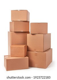 Brown shipping boxes stack on white background