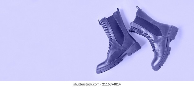 Brown Shoes. Trendy Boots Pair On Violet Background. Copy Space, Top View, Flat Lay. Shoe Sale, Fashion Concept. Stylish Casual Shoes For City. Overhead Shot Of Chelsea Boots. Urban Lifestyle.