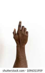 Brown Skin Of Black Man's Hand And Fingers Pointing Or Reaching Isolated On White Background