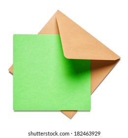 Brown Square Envelope With Green Card On White Background, Clipping Path Included