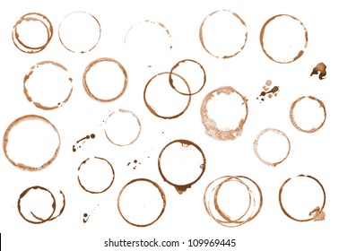Brown stains of coffee collection isolated on white background