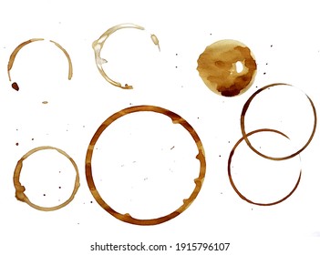Brown stains from coffee cups and teacups have white background and tea glass and coffee glass.
