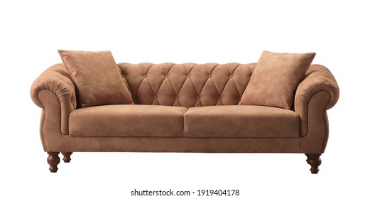 A Brown Suede Couch Isolated On White Background