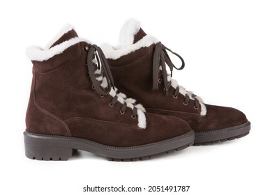 Brown Suede High Boots With Fur Trim, White Background, Horizontal Layout, Isolate