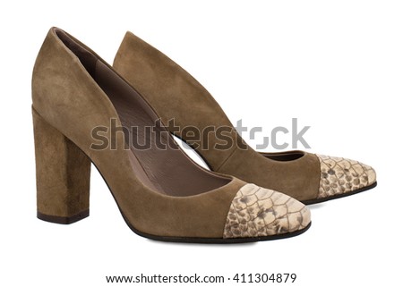 Brown suede high heel women shoes isolated on white background.(part is made of reptile skin)