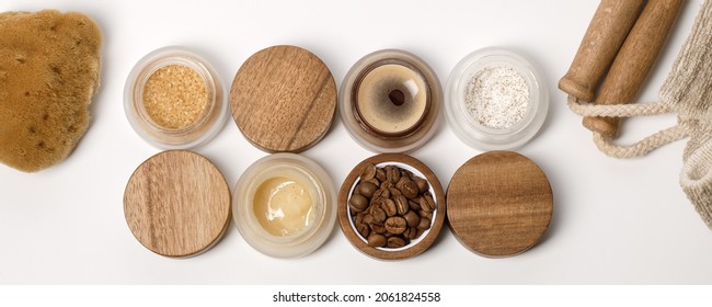 Brown Sugar, Coffee And Honey Ingredients For Scrub In Glass Jars With Wooden Lid, Exfoliating Body Strap, Sea Sponge For Homemade Healthcare. Beauty, Spa, Skin Care, Zero Waste Packaging Concept