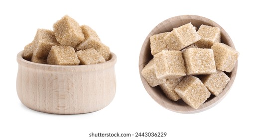 Brown sugar cubes in wooden bowl isolated on white, top and side views - Powered by Shutterstock