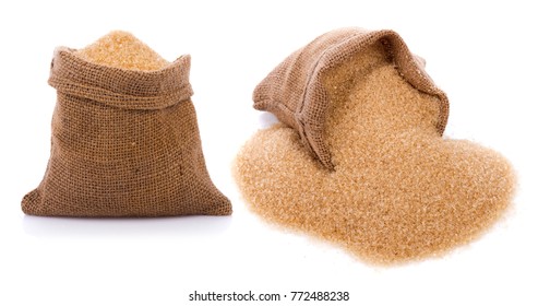 Brown Sugar In Jute Sack Isolated On White Background