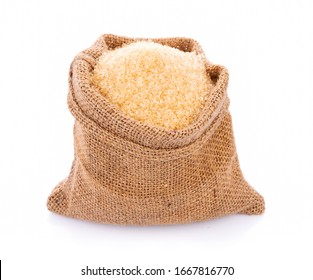 Brown Sugar In Jute Sack On White Background