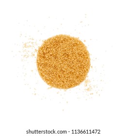 Brown Sugar Shaped In The Form Of A Circle. Overhead Close Up View, Isolated On White Background