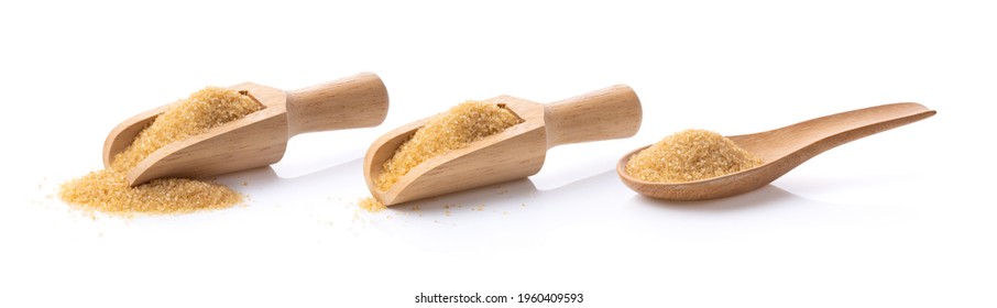 Brown Sugar In Wood Scoop And Spoon  Isolated On White Background