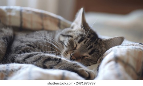 Brown tabby cat sleeping peacefully in human bed, close up. Selective focus. - Powered by Shutterstock