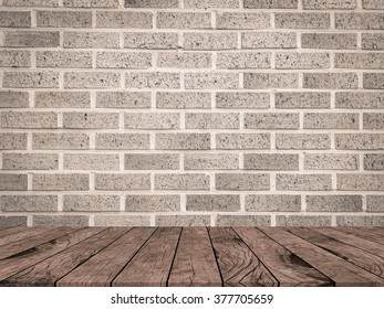 Brown Tan Color Brick Stone Cement Wall Background Texture With Aged Wood Tiles Floor Perspective For Show And Advertise Or Promote Product.