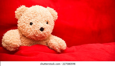 Brown Teddy Bear Alone On Red Bed