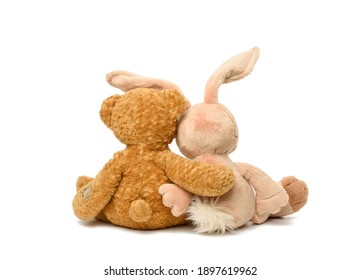 brown teddy bear and cute rabbit sit on white isolated background, toys sit with their backs hugging