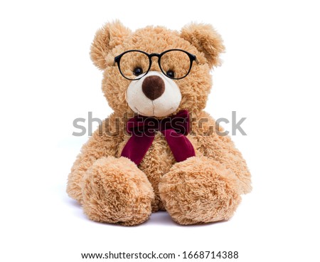 Brown teddy bear with eye glasses  isolated on white background.