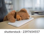 Brown teddy bear sitting on a desk Lying down looks tired on the white keyboard. depression sad concept.