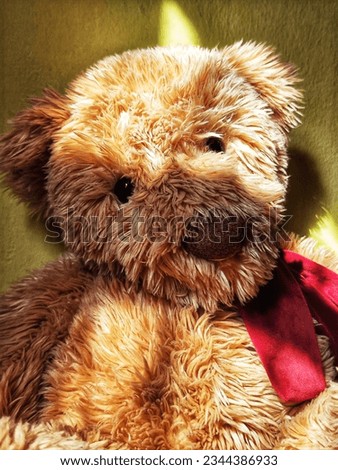 brown teddy bear Two black eyes and a red bow tie. Sitting in the sunlight. cause a reflection. with a sad face, looking tired or waiting for someone By nostalgia.
