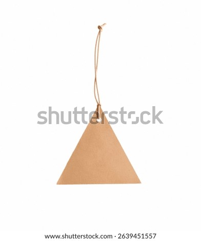 Brown triangular tag hanging on string isolated on white background