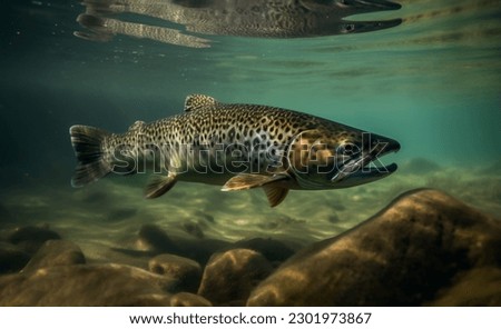 Brown trout, underwater photo, preparing for spawning in its natural river habitat, shallow depth of field.