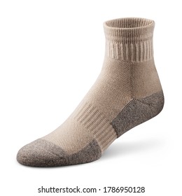 Brown Unisex Lightweight No-Show Ankle Diabetic Sock Isolated On White. Close-Up Soft & Elastic And Reinforced Fabric On The Heel And Fingers. Ankle Socks For Low Top Athletic Shoes & Casual Footwear