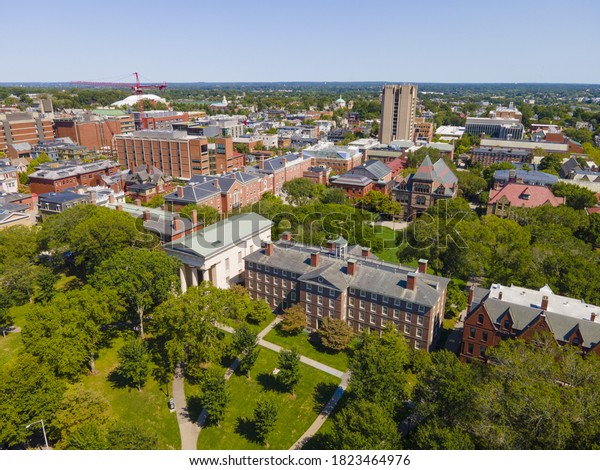 Brown\
University College Green aerial view on College Hill in Providence,\
Rhode Island RI, USA. The buildings including Friedman Hall, John\
Carter Brown Library, University Hall, etc.\
