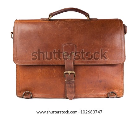 Brown Vintage leather briefcase with strap and brass buckle, clipping path included