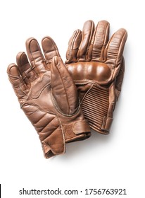 Brown Vintage Motorcycle Gloves Isolated On White Background.