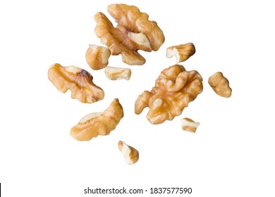 brown walnut organic super food in air nuts  on white isolated with clipping path