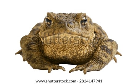 Brown warty common toad sitting and looking forward