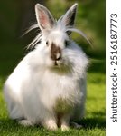 Brown white angora rabbit on green morning grass