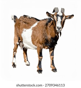 A brown, white, and black patterned goat with horns and a beard stands looking forward, isolated on a clean white background.