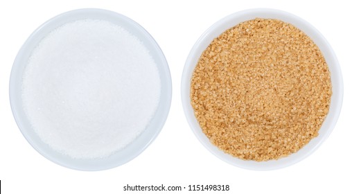 Brown And White Cane Sugar From Above Bowl Isolated On A White Background