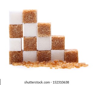 Brown And White Cane Sugar Cubes Isolated.