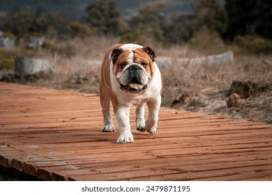 A brown and white English bulldog puppy
strolling on a wooden pathway in a lush field - Powered by Shutterstock