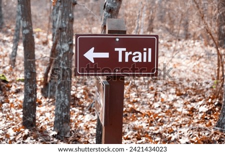 Brown and white hiking trail marker sign, in close-up, with arrow on a wooden post amid bare trees and a bed of fallen leaves in a forest. Early winter, selective focus on trail sign.
