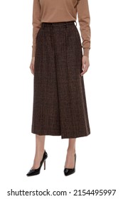 Brown Women's Luxury Classic Long Maxi Skirt Culottes Pant Divided Skirt On Model Isolated On White Background, Woman Wearing Checked Wool Trousers Pants, Autumn Spring Outfit, Top View