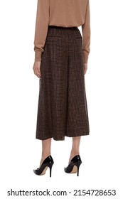 Brown Women's Luxury Classic Long Maxi Skirt Culottes Pant Divided Skirt On Model Isolated On White Background, Woman Wearing Checked Wool Trousers Pants, Autumn Spring Outfit, Side View