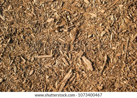 Brown woodchip mulch background or texture. Gardening, playground, parks, paths, texture, natural. 