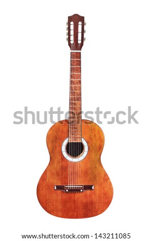 Brown wooden acoustic guitar isolated on white background