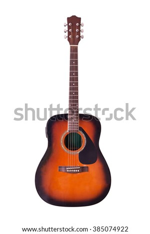 Brown wooden acoustic guitar isolated on white background