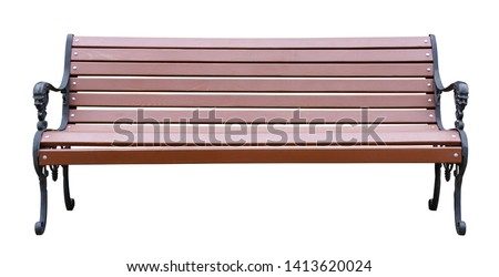 Brown wooden bench with a decorative ornate metal legs and armrests, isolated on a white background