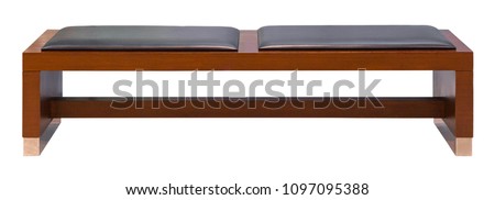 Brown wooden bench with two soft leather seats  isolated on a white background